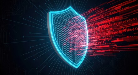 Cybersecurity shield protecting data with binary code against digital threats