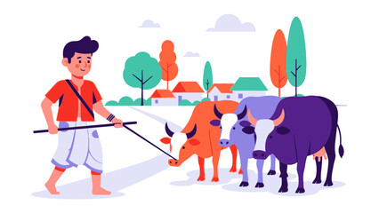 Farmer and Cattle: A vibrant illustration of a farmer tending to his cattle, representing rural life and agricultural practices, with bold colors and a modern illustrative style.