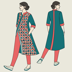 Illustration of a woman in a stylish dress with floral pattern