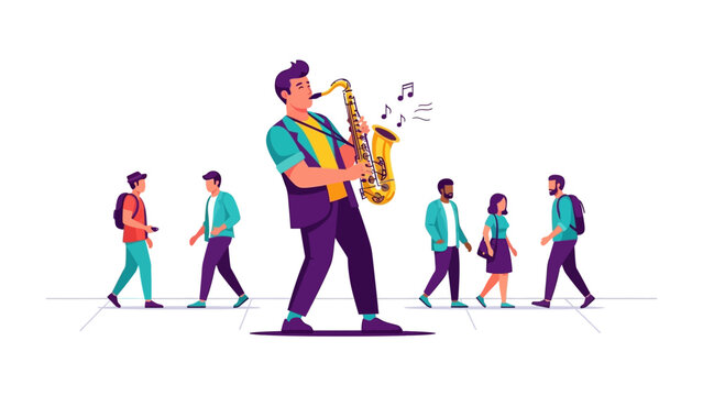 Saxophone Serenade in the City: A skilled saxophonist captivates passersby with a soulful melody in a bustling urban setting.  A musical fusion where art, people, and sound merge