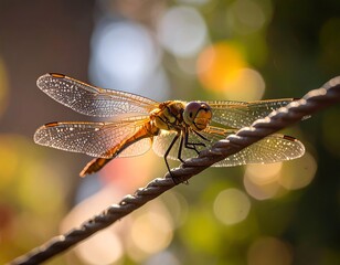Naklejka premium Dragonfly perched on wire, sunlight
