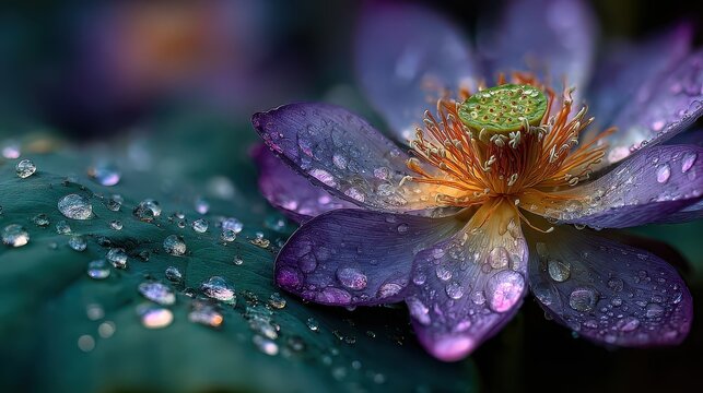 Close up of beautiful lotus flower and large leaf covered in water droplets after a springtime shower at a park