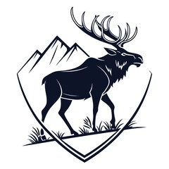 Silhouette of a moose with large antlers walking in front of mountains animal
