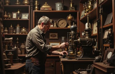 Mature caucasian male engages with vintage machinery in antique-filled workshop setting