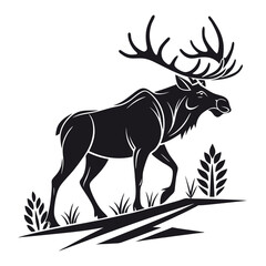 Silhouette of a walking bull moose with large antlers and grass deer animal