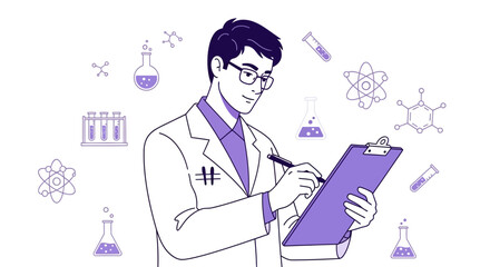 Scientific Illustration of A Lab Technician Analyzing Research on A Clipboard