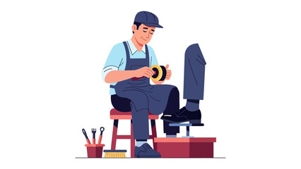 Shoemaker Polishing: A skilled shoemaker meticulously polishes a shoe, demonstrating craftsmanship and care in a clean, bright environment.