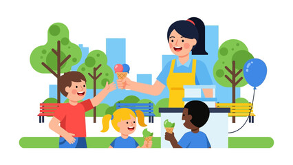 Ice Cream Delight: A cheerful vendor serving ice cream cones to excited children, capturing a moment of pure summer joy in a vibrant and colorful illustration.