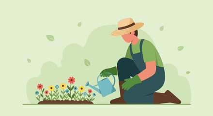 Person Watering Flowers in the Garden, Gardening Illustration, Sunny Day and Hobby
