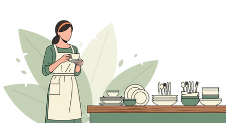 Person with Coffee Cup and Dishes on a Table in Elegant Minimalist Style