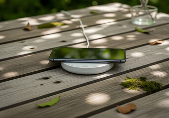 Ponsel pintar modern sedang diisi dayanya secara nirkabel di atas meja kayu alami di luar ruangan, menangkap integrasi teknologi yang mulus