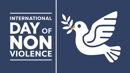 Vector art of international day of nonviolence text with a stylized dove carrying an olive branch on a blue background
