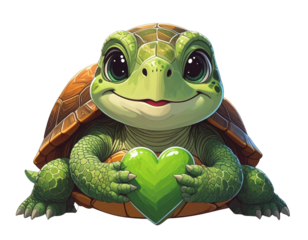 Cute Cartoon Turtle Conservation Icon Holding Green Heart, Transparent Background PNG
