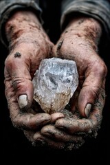 Obraz premium Dirty hands holding a large, rough diamond, symbolizing hard work and the raw beauty of natures treasures.