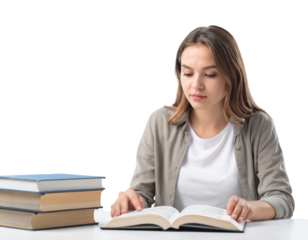 College Student Reading Book at Desk, Front View, Transparent Background PNG