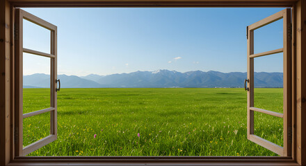 Jendela yang terbuka membingkai pemandangan padang rumput hijau yang menakjubkan dan pegunungan bersalju yang megah
