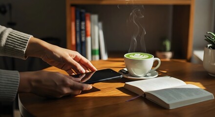 Mindful morning ritual with matcha tea and handwritten journal and phone