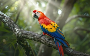 A colorful bird is perched on a branch