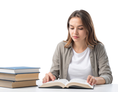 College Student Reading Book at Desk, Front View, Transparent Background PNG - Powered by Adobe