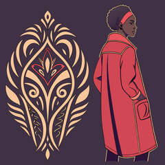 Vector art of woman in coat with ornamental design on purple background