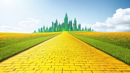 Yellow brick road leading to futuristic green city