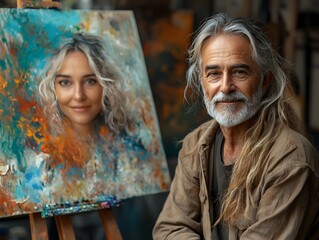 Fototapeta premium A mature with long grey hair smiles beside his colorful abstract portrait painting in a studio