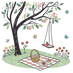Charming hand drawn illustration of a picnic scene under a fruit tree with a swing and butterflies