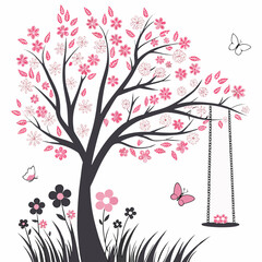 Whimsical cherry blossom tree with swing and butterflies on a white background