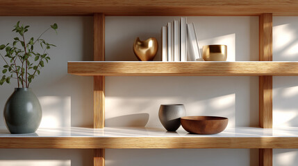 Fototapeta premium Minimalist Decor on Wooden Shelf: An inviting composition of a serene setting, showcasing tasteful decor. The scene depicts a wooden shelf adorned with minimalist, modern decor.