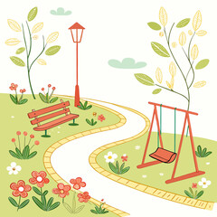 Charming park scene with a winding path red bench and swing set surrounded by flowers and trees