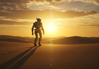 Robot tunggal berjalan melalui hamparan bukit pasir gurun saat matahari terbenam, meninggalkan jejak kaki dalam cahaya keemasan.