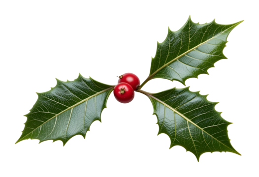 Christmas Holly Sprig PNG with Red Berries and Green Leaves Symmetrical Holiday Clipart on Transparent Background Festive Botanical Accent for Seasonal Greeting and Decor