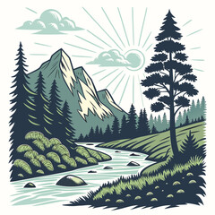 Serene mountain landscape with river and pine forest under a sunny sky