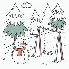 Cute snowman wearing a scarf stands next to a swing set in a snowy winter park with pine trees