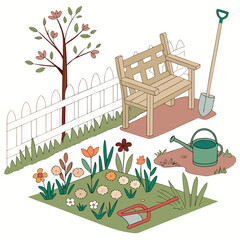 Charming illustration of a garden scene with a wooden bench flowers a watering can and gardening tools