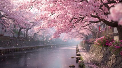 Fototapeta premium Tranquil sakura reflection by serene river. AI image