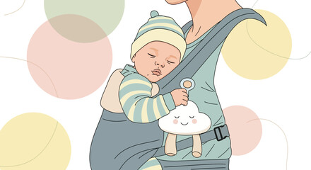 Serene Slumber: A Baby Comfortably Snug In A Carrier With Soft, Gentle Colors