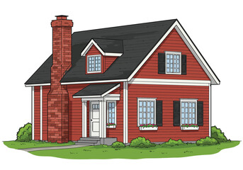 Charming red house with black roof and lush green bushes, isolated on white background, showcasing classic architecture and inviting curb appeal