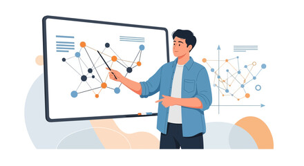 Presenter Explaining Data Analysis With Chart On Whiteboard, Illustrative Digital Analytics