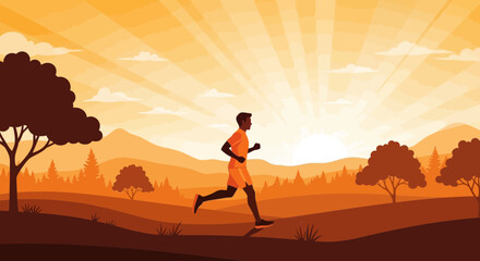 Silhouette Of A Runner Exercising Outdoors At Golden Hour, Vibrant Warm Colors