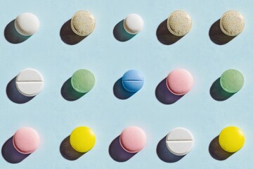 Fototapeta premium Colorful tablets and pills arranged in neat rows on a light blue background, showcasing various shapes and colors