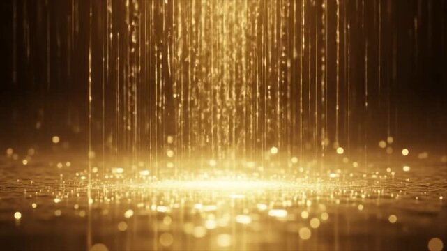 Golden sparkling rain effect over shimmering surface, ideal for backgrounds, overlays, and graphic designs needing luxury and elegance.