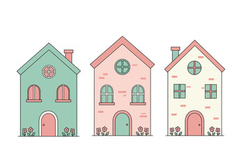 Collection of three whimsical houses in pastel colors, isolated on white background, each with unique design and playful charm for a delightful scene