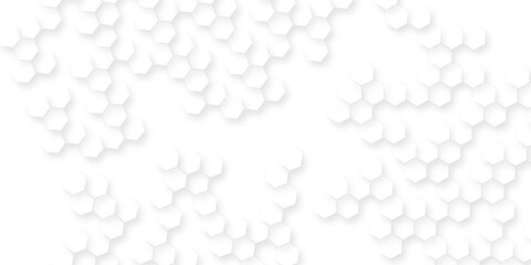 the geometric repetition and depth of the hexagonal grid, A pattern of white hexagon shapes arranged subtle shadows that create a three-dimensional abstract design.