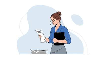 Professional Woman Analyzing Documents and Holding a Clipboard for Business Procedures
