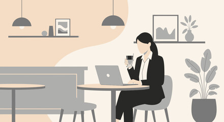 Professional Woman Working At A Cafe Relaxing And Drinking Coffee While Using Laptop