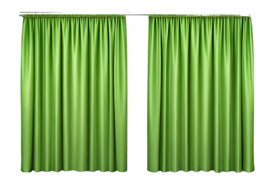 Bright green pleated fabric curtains parted isolated on a transparent background