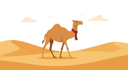 Smiling Camel Walking Across Desert Dunes, Perfect for Vector Art and Illustration Designs