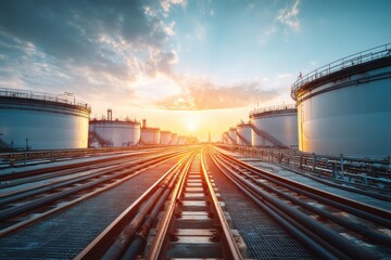 Fototapeta premium Industrial storage tanks and pipelines stretch toward the horizon at sunrise, highlighting infrastructure and energy production