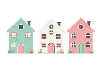Collection of three whimsical houses in pastel colors, isolated on white background, each with unique design and playful charm for a delightful scene